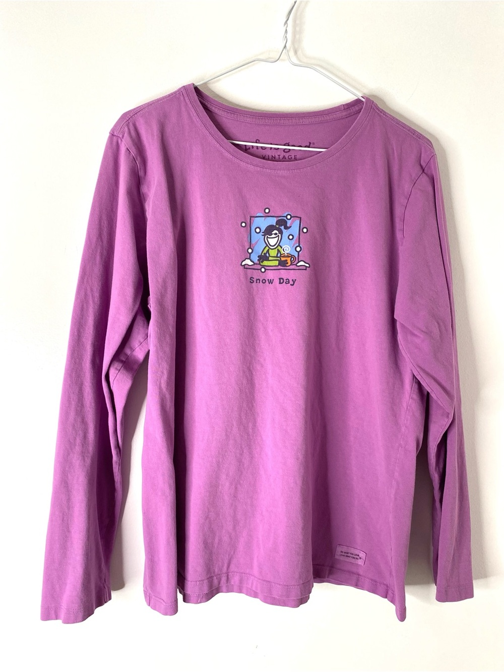 Life Is Good Snow Day Long Sleeve Tee Purple Vintage Graphic Cotton Crew Neck
